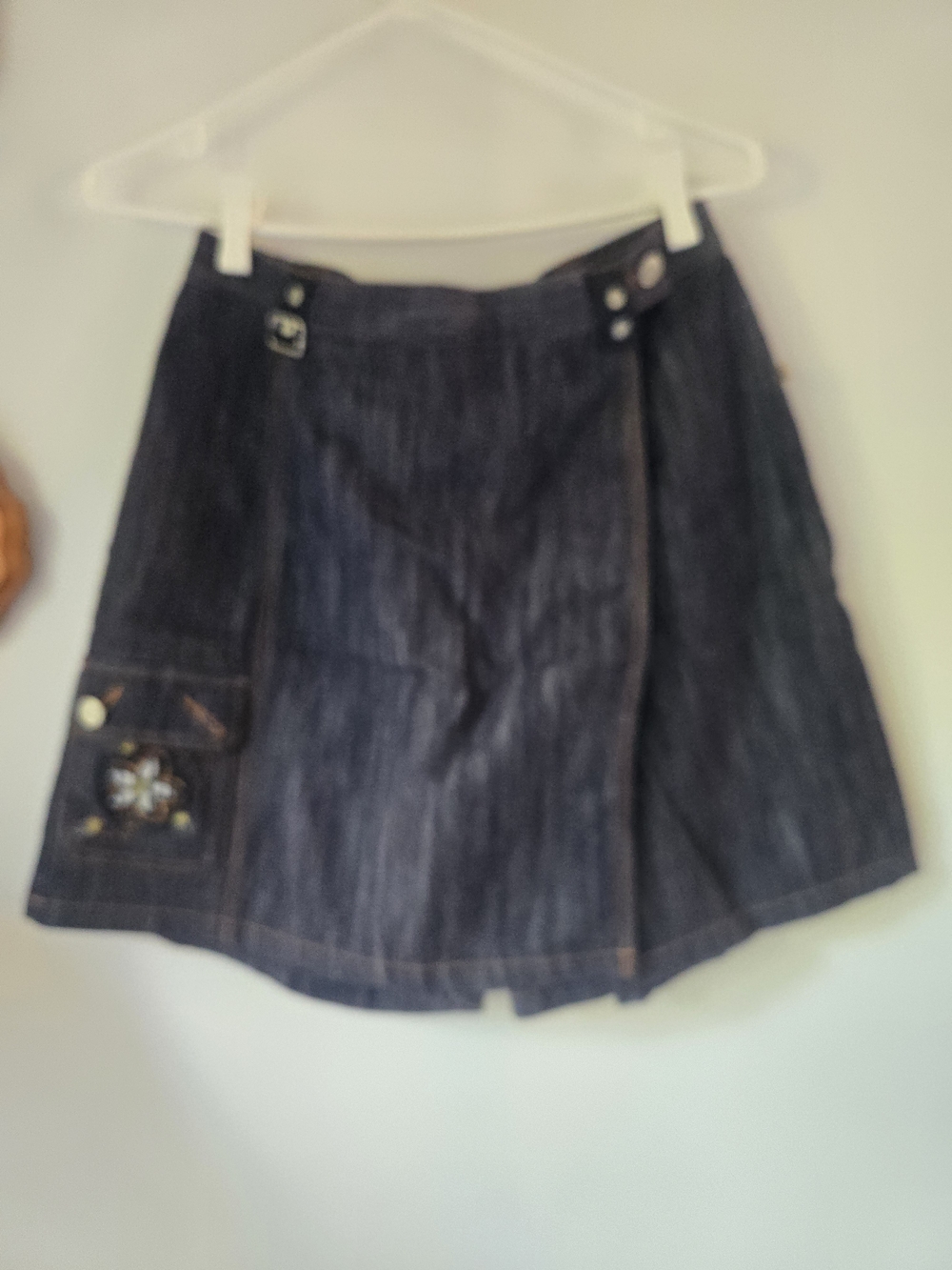 Dark Blue Denim A-Line Skirt Short with Embroidered Pocket